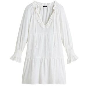 J Crew Women M White Tiered Tunic Gauze Dress Smocked Ruffle Cuff Tassels Beachy